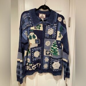 VTG Tiara International Size M Frosty Snowman Christmas Sweater Patchwork Beaded